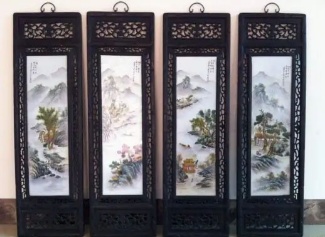 珠山八友粉彩山水瓷板